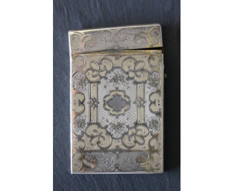 French 19th century silver parcel gilt card case with engraved and engine turned floral poesy and scroll decoration to front 