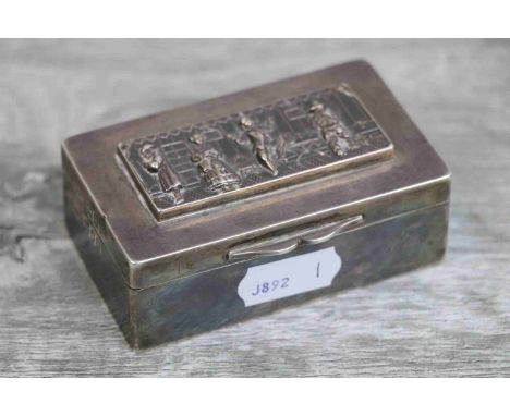 Victorian silver snuff box, the hinged lid with raised panel to centre depicting repousse tavern scene,shaped thumb piece, pl