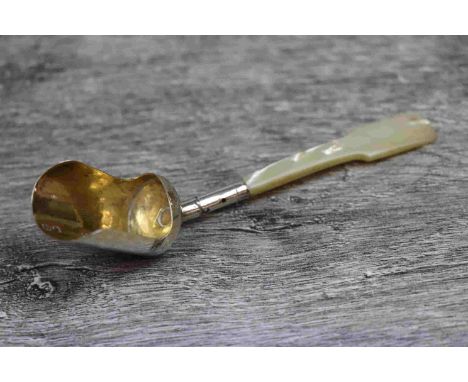 George IV silver gilt mother-of-pearl handled caddy spoon modelled as a coal scoop, makers Ledsam &amp; Vale, Birmingham 1823