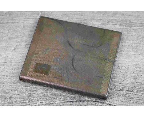 Silver cigarette case with engine turned decoration, initialled rectangular cartouche, gilt interior with presentation inscri