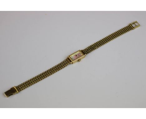 Ladies Accurist 9ct yellow gold cased wristwatch, the rectangular mother-of-pearl dial set with single small round eight cut 
