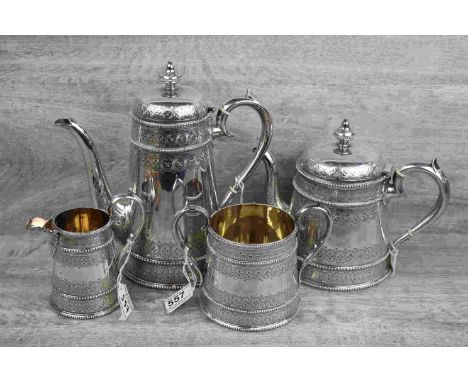 Victorian silver four piece silver tea and coffee service comprising tea pot, coffee pot, twin handled sugar bowl and milk ju