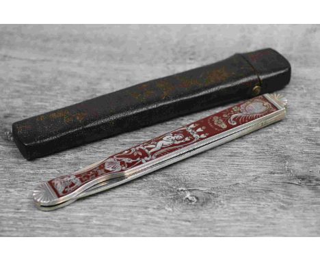 French 19th century double bladed white metal  enamelled penknife, the handle with fan design to terminal, inlaid white metal