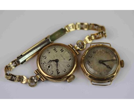 9ct gold cased wristwatch, engine turned dial, Arabic numerals worn, black poker hands together with a similar 9ct gold cased