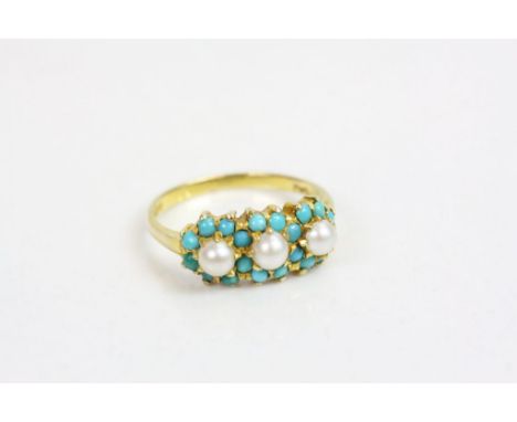 Pearl and turquoise 9ct yellow gold cluster ring, three split pearls with cabochon cut turquoise cluster surround, size of he