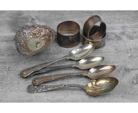 Late Victorian pierced silver trinket dish raised on three ball feet, repousse ribbon and bow and scroll decoration, hallmark
