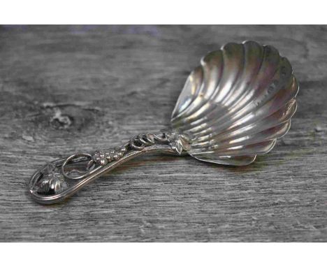 Victorian silver caddy spoon, openwork stem with applied grape and vine leaf scrolling decoration, fluted scalloped bowl, mak