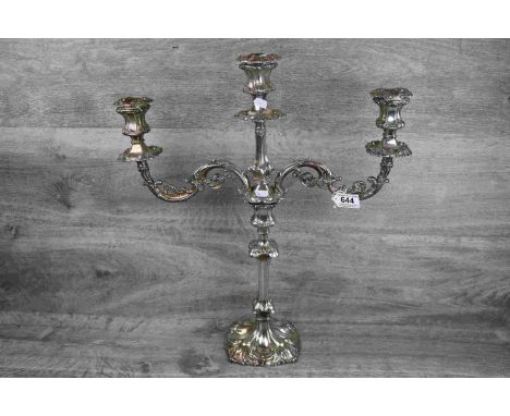 Large silver three light candelabrum with central sconce and two branches, cast foliate scroll and acanthus leaf decoration, 