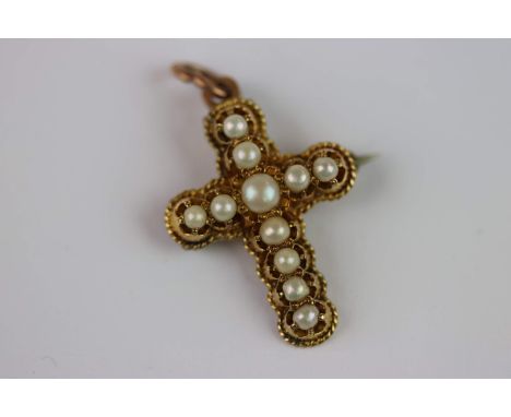 Victorian seed pearl yellow metal cross pendant brooch, full set with eleven seed pearls, coronet claw settings, rope twist b