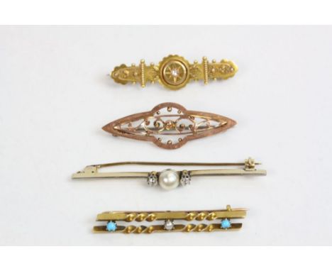 Four Victorian and Edwardian brooches to include Etruscan style diamond 15ct yellow gold bar brooch, small round eight cut di