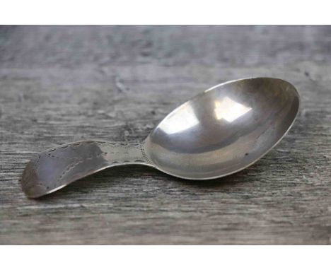 George III silver caddy spoon, bright cut decoration to stem, plain oval bowl, hallmarked (London) 1803 (no makers mark), len