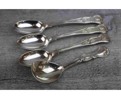 Three late Victorian silver Kings pattern teaspoons, engraved armorial to terminal, makers Josiah Williams &amp; Co, London 1