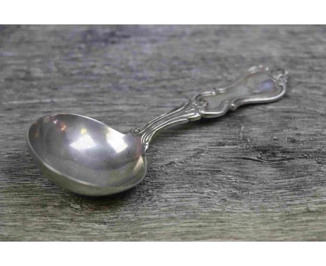 Victorian silver caddy spoon, scroll pattern with crested terminal, makers Samuel Hayne &amp; Dudley Cater, London 1844, leng