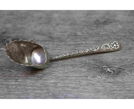 Victorian silver caddy spoon modelled as a coal scoop, foliate scroll decoration in relief to tapered stem, bright cut floral