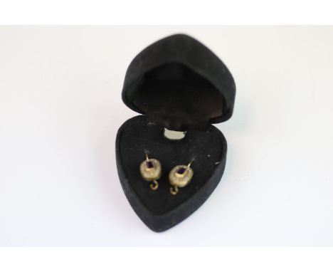 Pair of amethyst and seed pearl 9ct yellow gold oval cluster earrings, the central rectangular step cut amethyst measuring ap