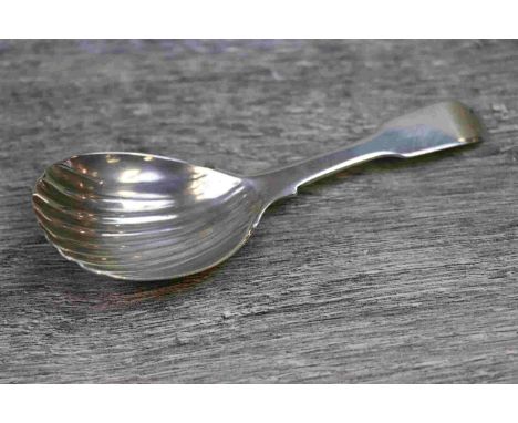 George III silver fiddle pattern caddy spoon, fluted fig shaped bowl, makers John Osment (Exeter) 1820, length approximately 