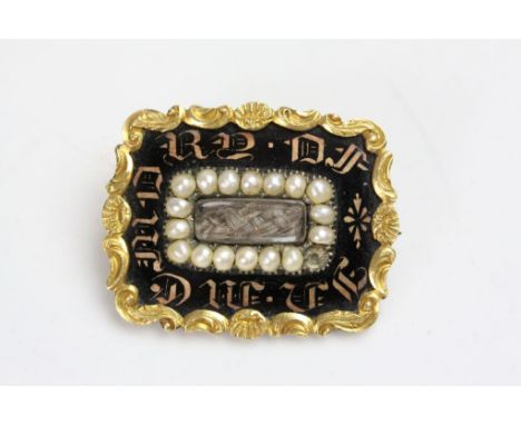 Early Victorian seed pearl and enamelled gold plated mourning brooch, the glazed panel to centre with plaited hair, seed pear