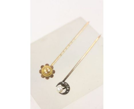 French late nineteenth century seed pearl and diamond crescent 18ct yellow gold silver set stick pin, the white seed pearl di