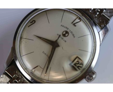 Vintage Gents Stainless Steel Favre Leuba Datic Wristwatch, the silvered metallic dial marked "Favre Leuba Geneve Datic" with