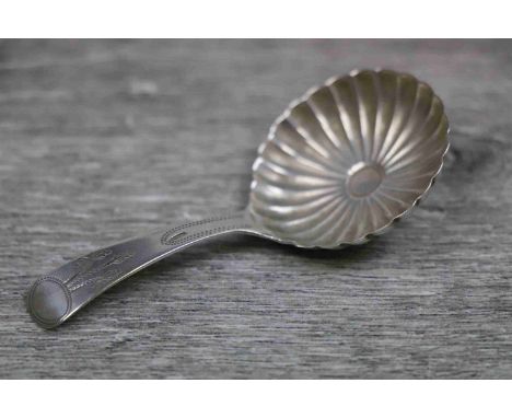 George III silver caddy spoon, with prick dot decoration to stem and fluted daisy bowl, makers possibly John Thropp, Birmingh
