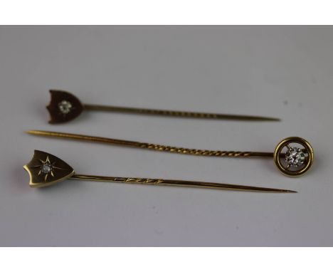 Three diamond stick pins to include French diamond set 18ct yellow gold stick pin, the small old round brilliant cut diamond 