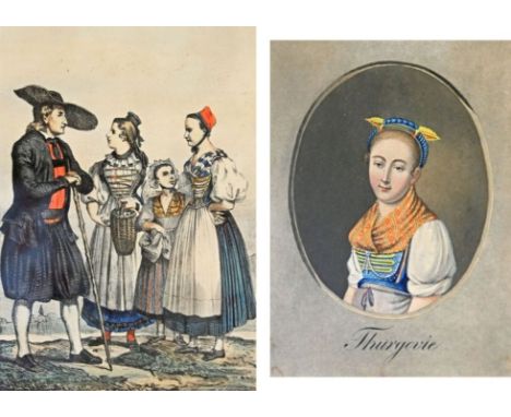 THURGAU (CH)  Trachten, 2 Graphiken: "Costume de Schafhouse, Costume de Thurgovie", vier Personen in Tracht, zusammenstehend,