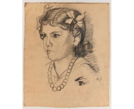 SZADURSKA  Kasia von (1886 Moskau, Russland - 1942 Berlin) "Portrait eines Mädchens" mit Schleifen im Haar, Zeichnung, Bleist