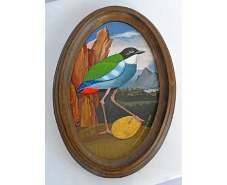 MATYSIAK  Walter (1915 Schweidnitz - 1985 Konstanz) ''Vogel'' mit goldenem Ei in einer Landschaft, ovales Ölgemälde auf Malka