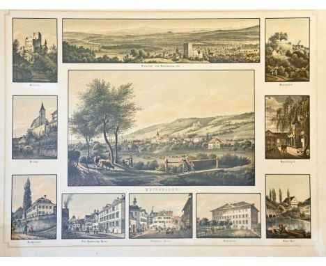 WEINFELDEN (CH)  Souvenirblatt mit 11 Ansichten mit zahlreichen, detailreichen Darstellungen des Ortes und Umlandes, kolorier
