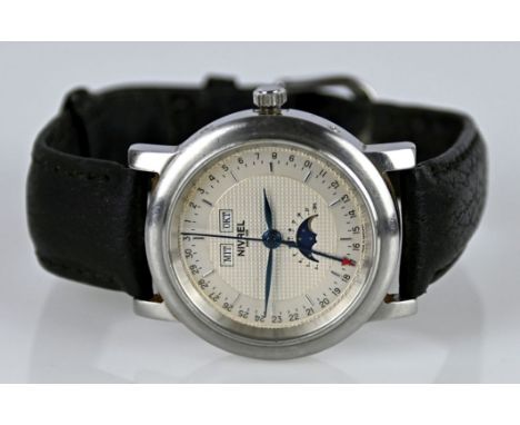 ARMBANDUHR  Nivel Automatik, Chronometer mit Mondphase, Datum, Monat, Stahlgehäuse mit Glasboden, silberfarbenes Ziffernblatt
