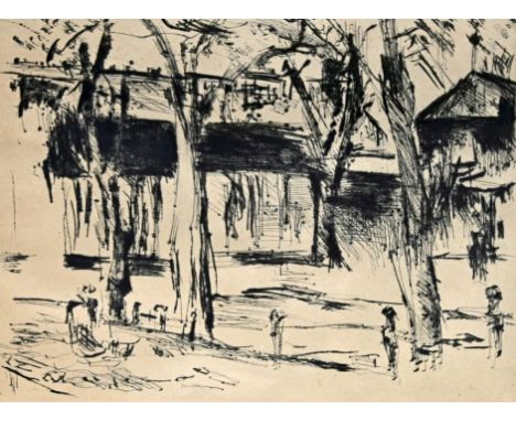 CORINTH  Lovis (1858 Tapiau, heute Russland - 1925 Zandvoort, Niederlande) "Häuser mit Bäumen", Radierung in Schwarz, rechts 