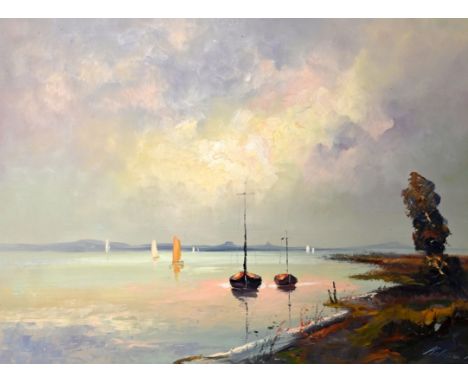 KELEMEN  Sandor (Ungarn - 1990 Konstanz)  "Schiffe auf dem Bodensee" im Abendlicht, die Hegau Berge als Silhouette am Horizon