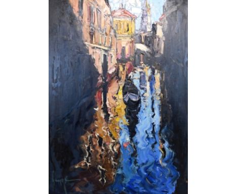 RUNGE  Jürgen (1929 Stettin, Pommern - 1992 Cismar) "Stadtkanal mit Boot" seitlich Häuserfronten, im Hintergrund eine Kirche,