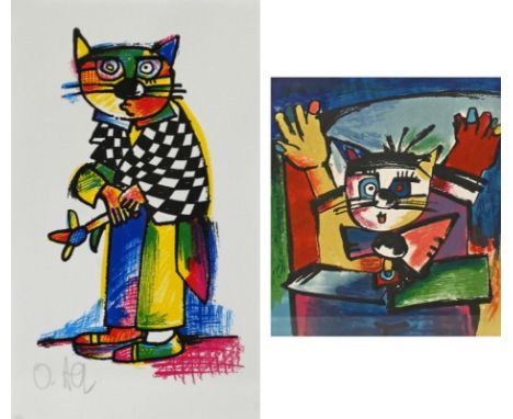 ALT  Otmar (1940 Wernigerode) "Katze" mit erhobenen Händen, Farblinolschnitt auf Papier, unten rechts signiert, unten links n