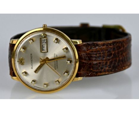 HERRENARMBANDUHR  Bucherer, Automatik, Chronometer, rundes Gelbgoldgehäuse 18ct, silberfarbenes Ziffernblatt mit Datum, Goldz