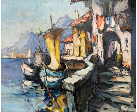 RUNGE  Jürgen (1929 Stettin, Pommern - 1992 Cismar) "Lago Maggiore" Stadt am See mit Booten am Ufer und auf dem Wasser, Ölgem
