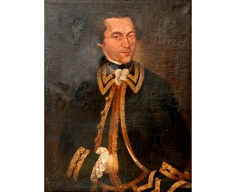 MALER DES 18. JAHRHUNDERTS  "Portrait eines Mannes" in schwarzem Mantel mit goldener Bordüre, darunter weißes Hemd mit Spitze