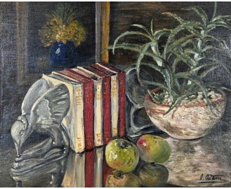 ADAM  Otto (1901 Konstanz - 1973) "Stillleben" mit Büchern, Äpfeln und einer Topfpflanze, Öl auf Malkarton, rechts unten sign