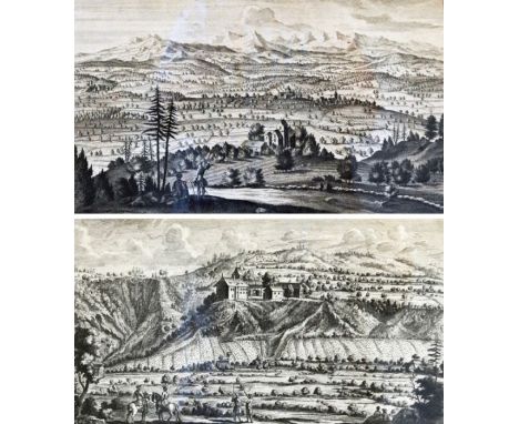 SPIEGELBERG  2 Graphiken: "Das Schloss Spiegelberg gegen Lomis anzusehen", Blick aufs Schloss, üppige Felder und Wiesen, im V
