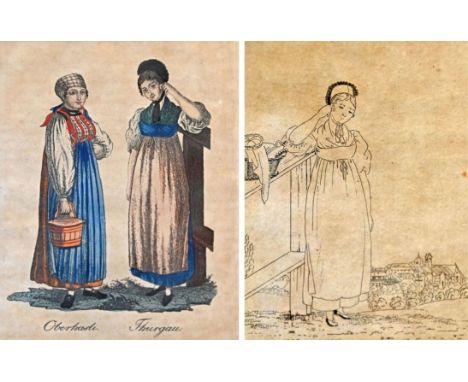 THURGAU (CH)  Trachten, 2 Graphiken: "Thourgovienne", Frau aus dem Thurgau in Tracht, im Hintergrund eine Stadtsilhouette, zu