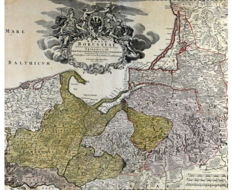 OSTPREUSSEN  "Regnum Borussiae", kolorierte Kupferstichkarte mit großer Titelkartusche von Johann Baptist Homann, Nürnberg 18