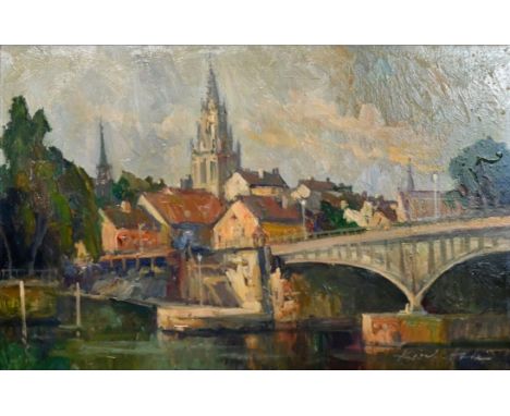 HODR  Karel (1910 Prag, Tschechien - 2002 Konstanz) "Blick auf Konstanz" mit Rheinbrücke und Rhein im Vordergrund,  Ölgemälde