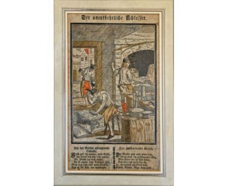 DER UNENTBEHRLICHE SCHLOSSER  Blick in eine Schlosserei, drei Männer bei der Metallbearbeitung, im unteren Bereich Text über 