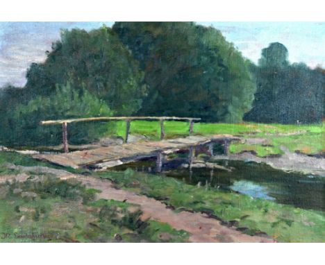 LANDSCHREIBER  Max (1880 Mittweida - 1961 Fürstenfeldbruck) "Landschaft" mit Steg über einem Bach, Öl auf Leinwand, unten lin