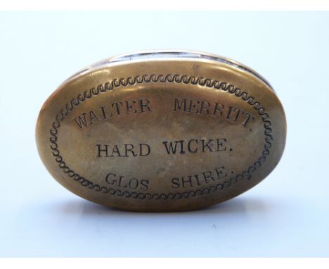 Early 20thC brass snuff box marked 'Walter Merritt Hardwicke Glos Shire' and to underside 'HE 1908' (of local Gloucestershire