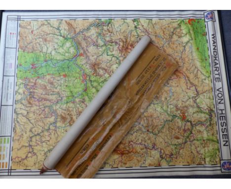 German Wandkarte Von Hessen large scale linen backed education scroll map and a similar copy of a 15thC atlas / map of the wo