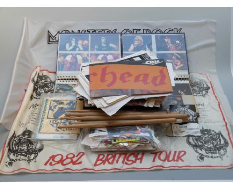 A collection of rock concert related items including hand bills, flyers, ticket stubs, drum sticks, plectrums etc, artists in