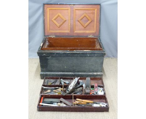 19thC wooden tool chest with fitted interior and tools including saws, files etc