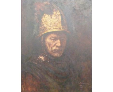 After Rembrandt oil on canvas portrait of a gentleman in helmet, signed lower right possibly Figuer-Rhein, 63 x 48cm