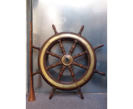 A ship's wheel, diameter 87cm and a copper hunting horn